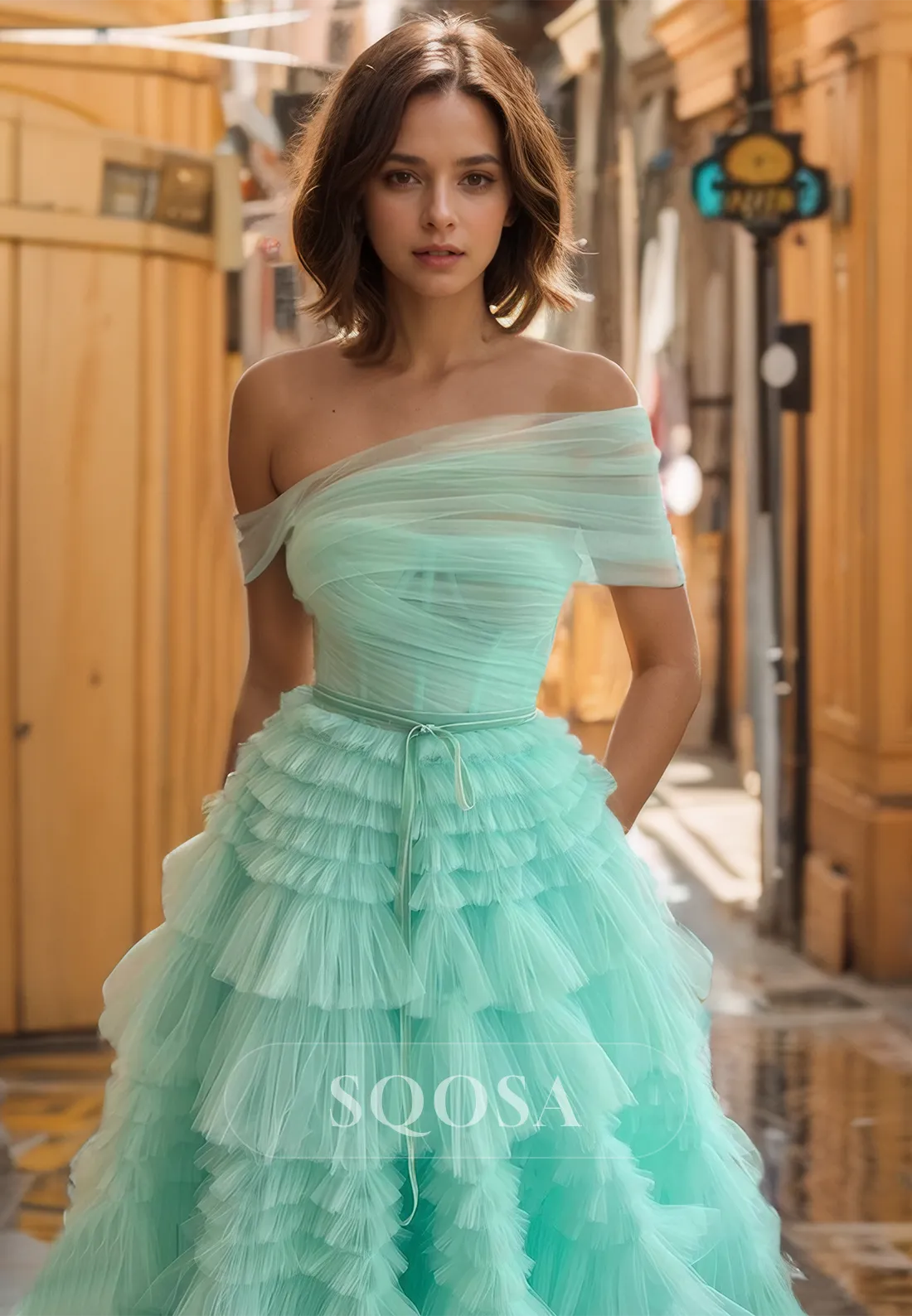 Asymmetrical-Neck Sleeveless Long Formal Gowns Sleeveless Pleated Tiered Tulle A-Line Prom Dress
