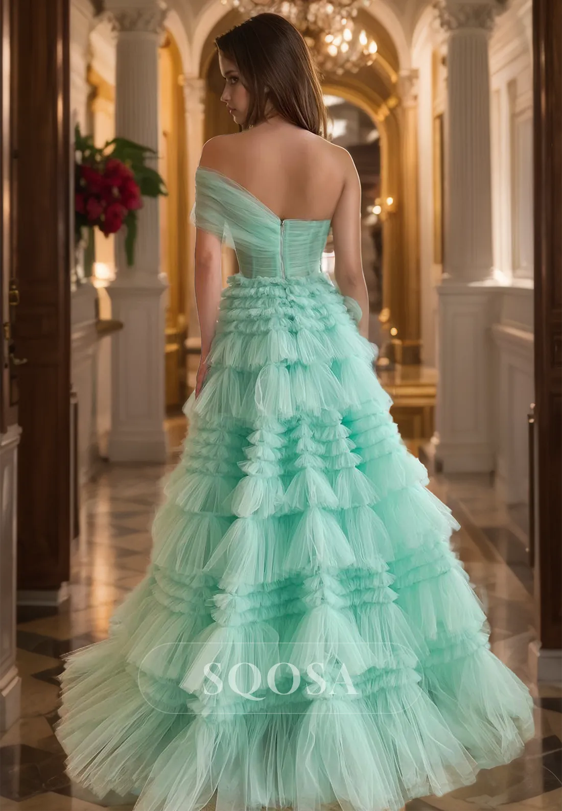Asymmetrical-Neck Sleeveless Long Formal Gowns Sleeveless Pleated Tiered Tulle A-Line Prom Dress