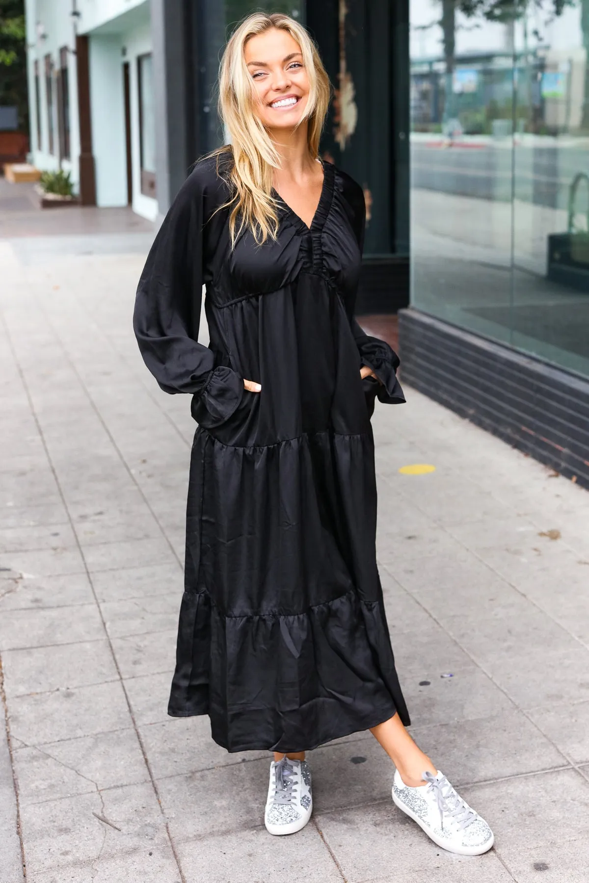 Black Elastic V Neck Tiered Satin Maxi Dress