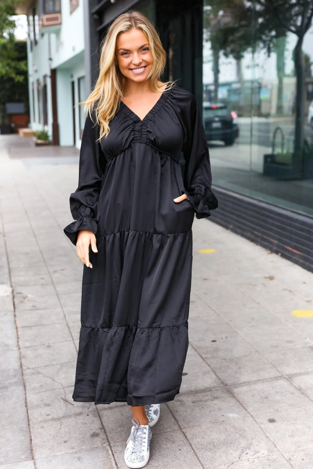 Black Elastic V Neck Tiered Satin Maxi Dress