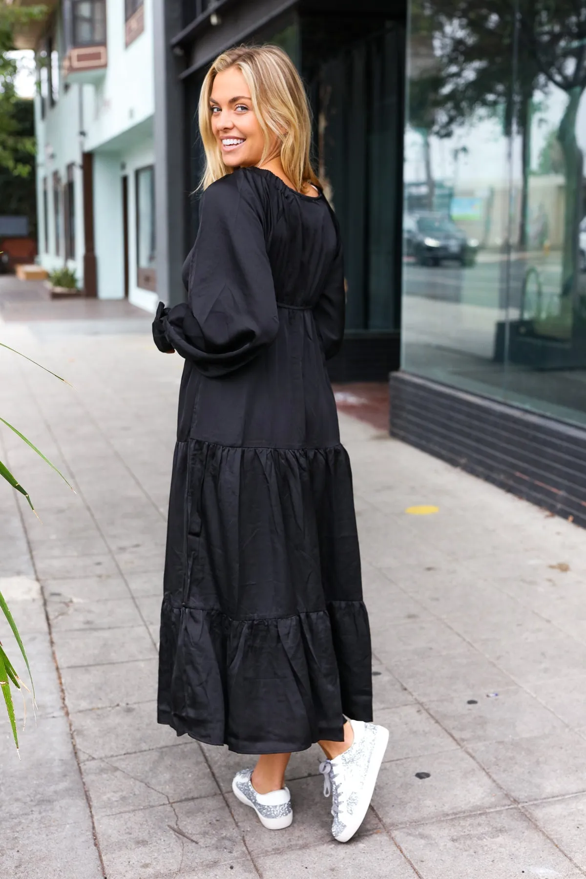 Black Elastic V Neck Tiered Satin Maxi Dress