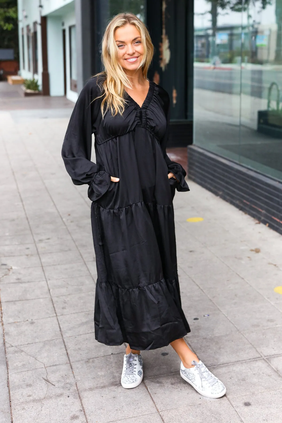 Black Elastic V Neck Tiered Satin Maxi Dress