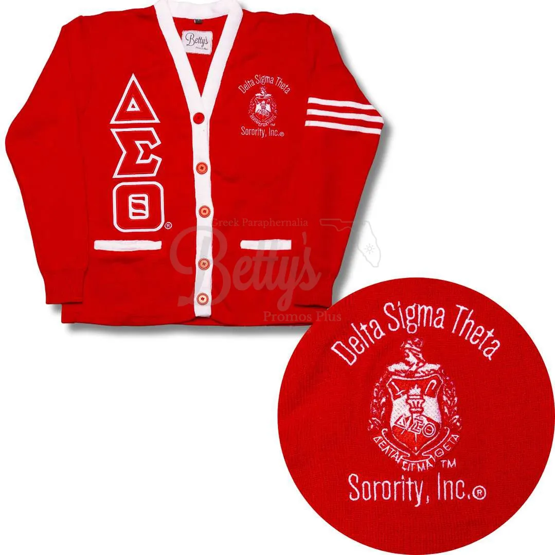 Delta Sigma Theta ΔΣΘ Cardigan Sweater with Double Stitched Twill Embroidered Letters & ΔΣΘ Shield