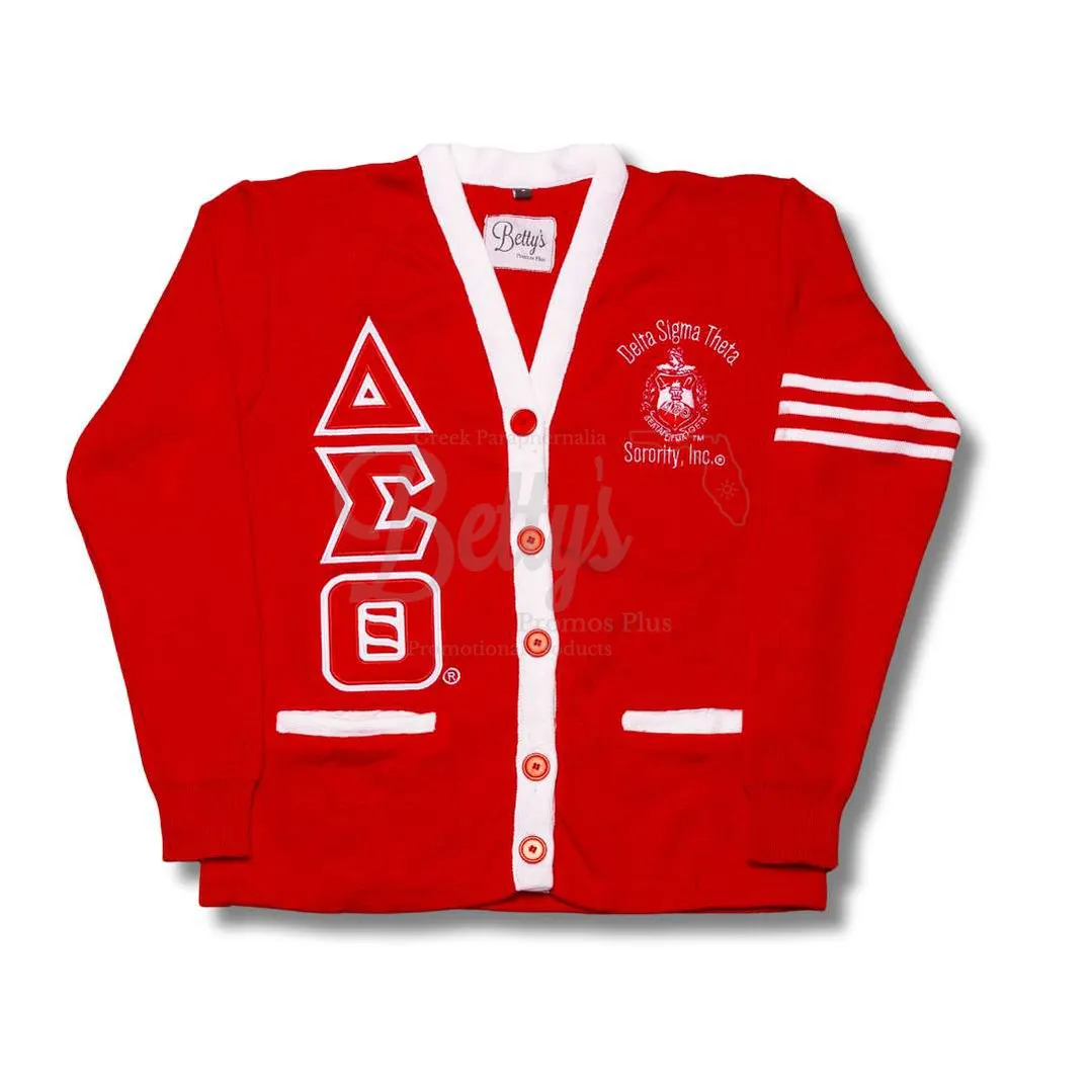 Delta Sigma Theta ΔΣΘ Cardigan Sweater with Double Stitched Twill Embroidered Letters & ΔΣΘ Shield