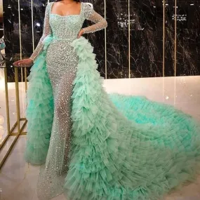 detachable skirt sparkly prom dresses long sleeve boat neck mint green elegant luxury prom gown