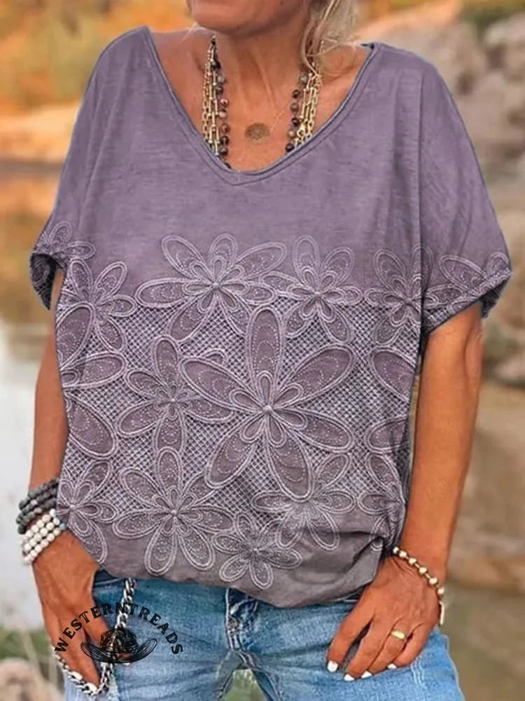 🔥Limited Time Discount🔥Vintage Floral Art Print Casual Short Sleeve Top