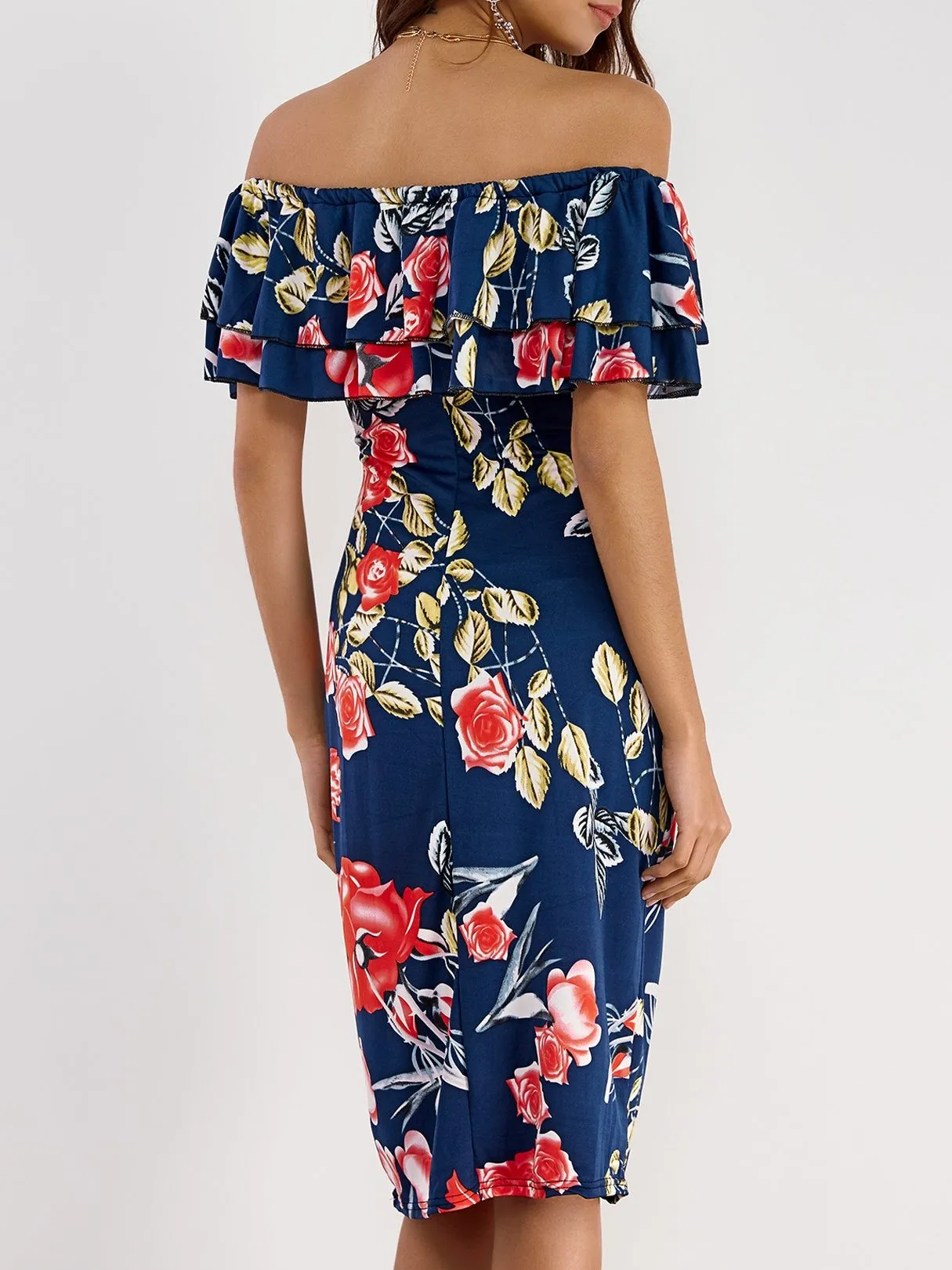 Off Shoulder Random Floral Print Tiered Dress