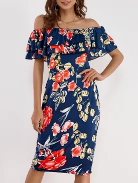 Off Shoulder Random Floral Print Tiered Dress