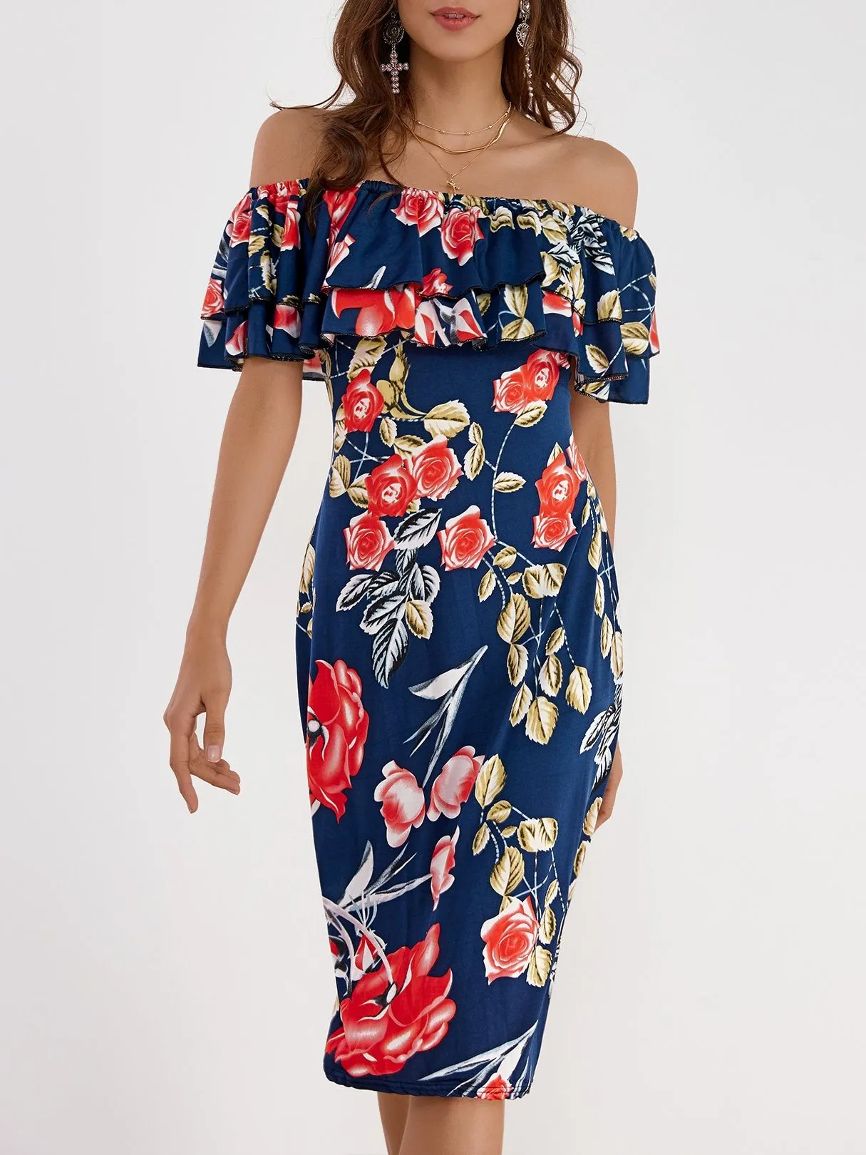 Off Shoulder Random Floral Print Tiered Dress