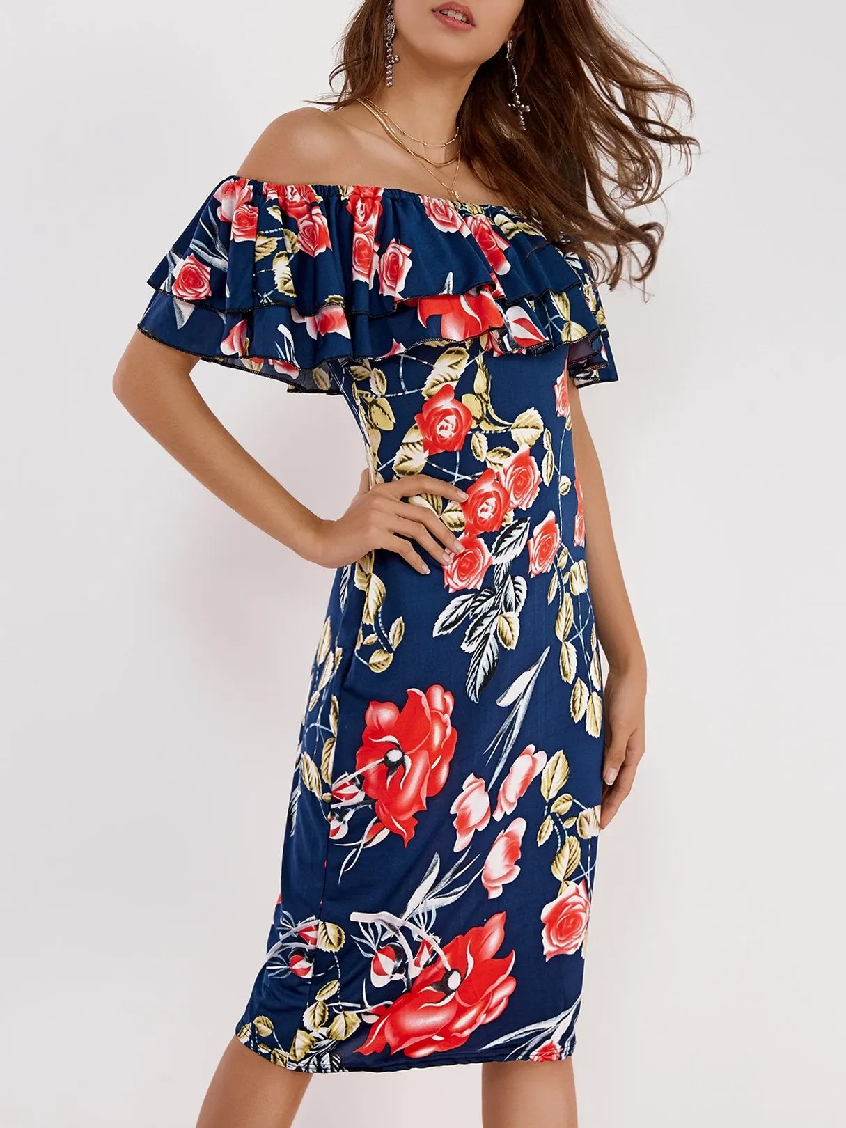 Off Shoulder Random Floral Print Tiered Dress