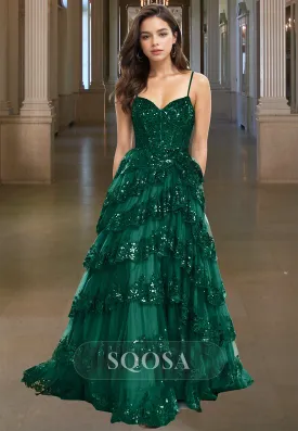 Sequined Glitter Applique Tiered A-Line Prom Dress Sweetheart Spaghetti Straps Sleeveless Party Gowns