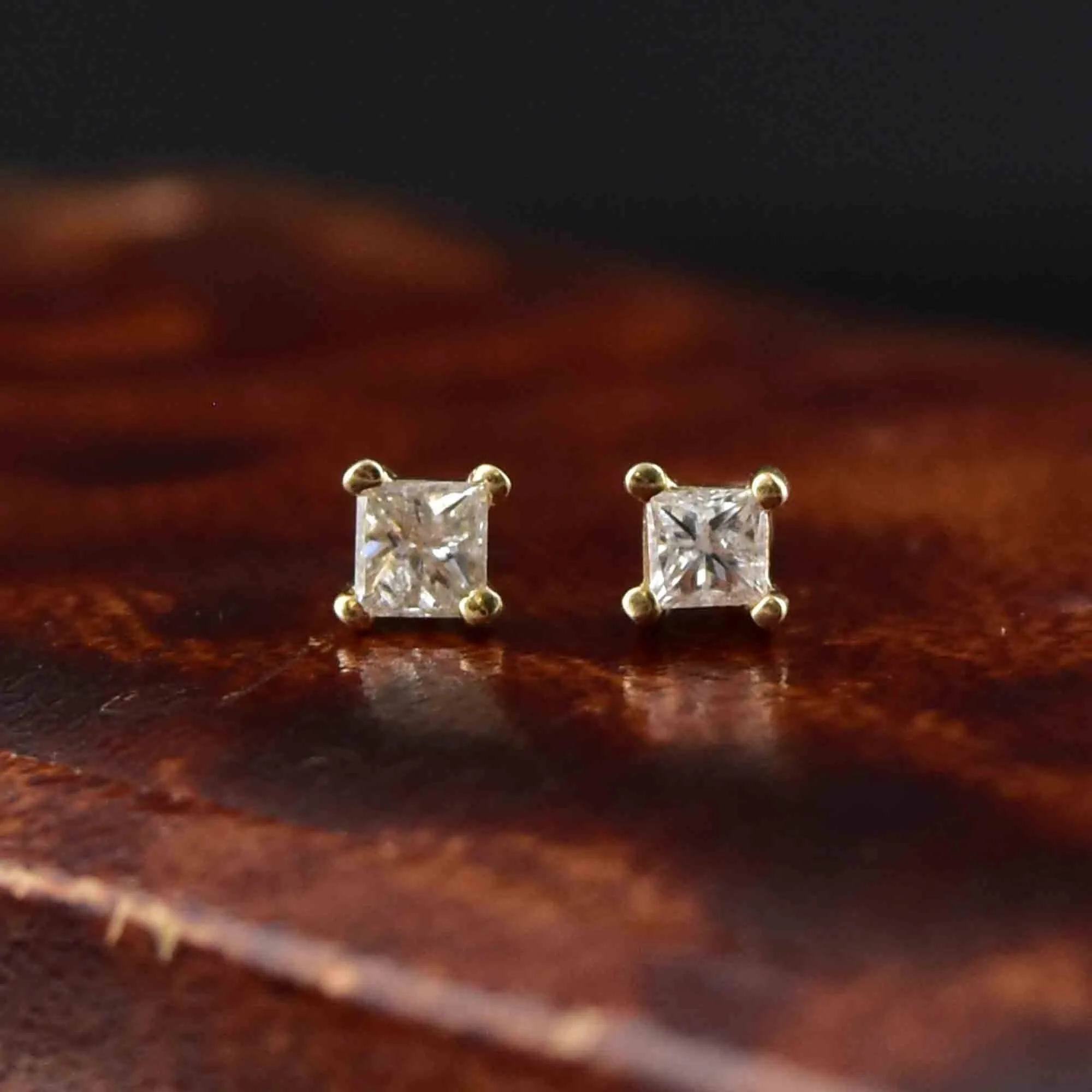 Vintage 10K Gold Princess Cut Diamond Stud Earrings