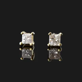 Vintage 10K Gold Princess Cut Diamond Stud Earrings